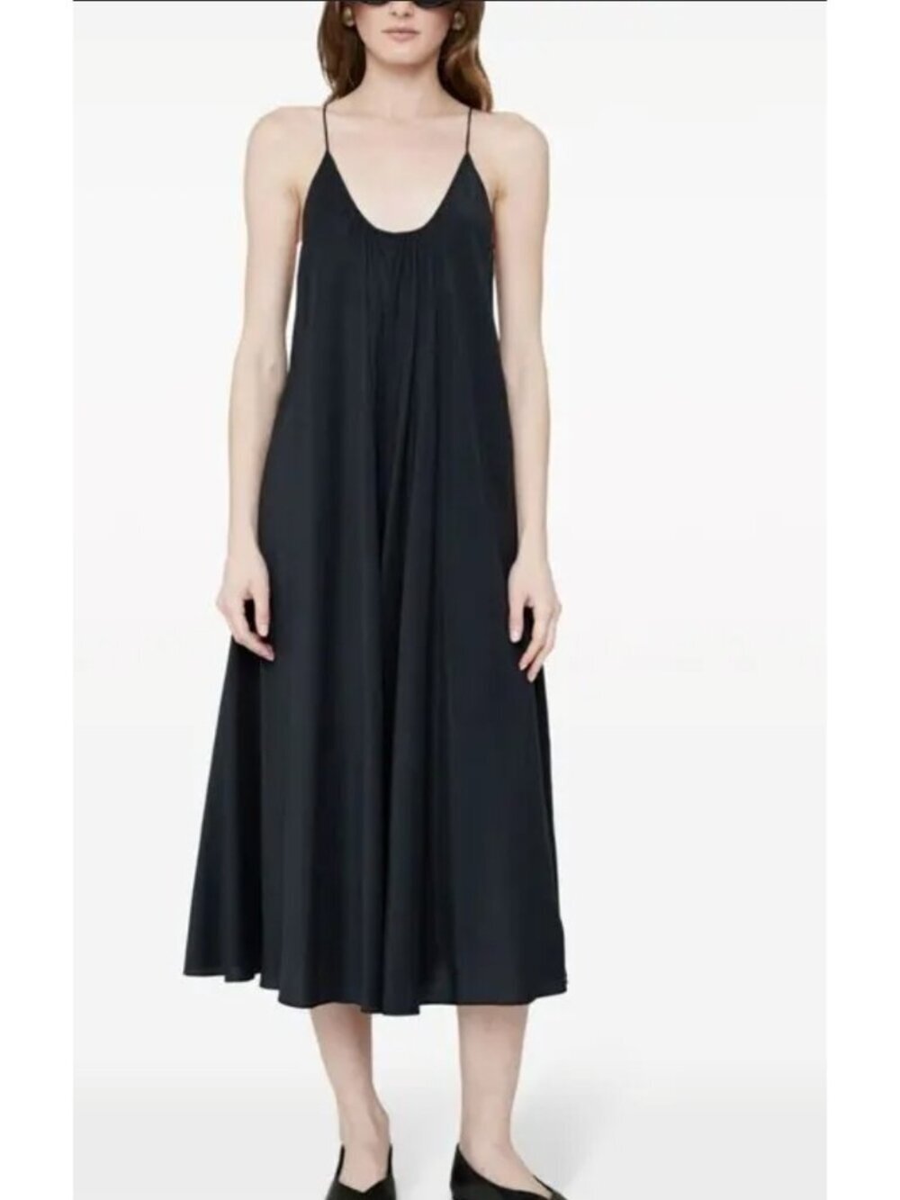 Anine Bing Aida Gathered Midi Dress Womens S Black Spaghetti Strap Scoop Neck
